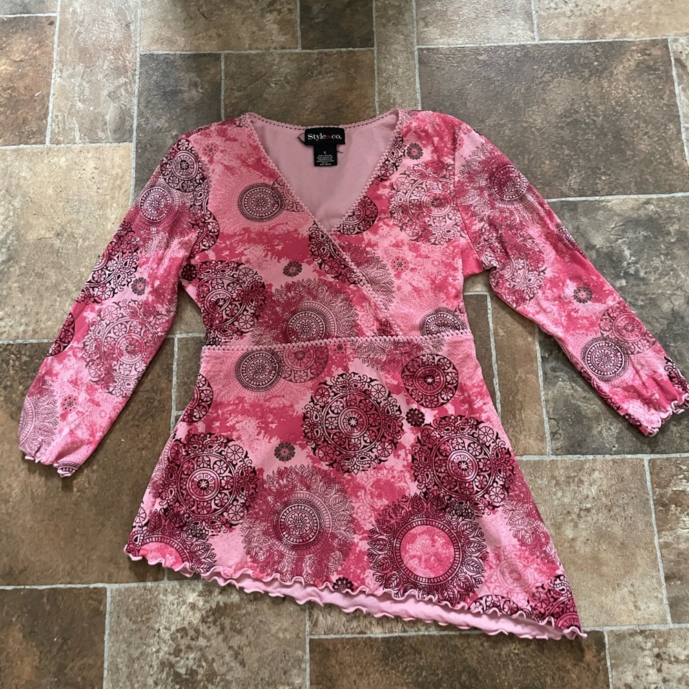 Style & Co. Pink Printed asymmetrical v neck top